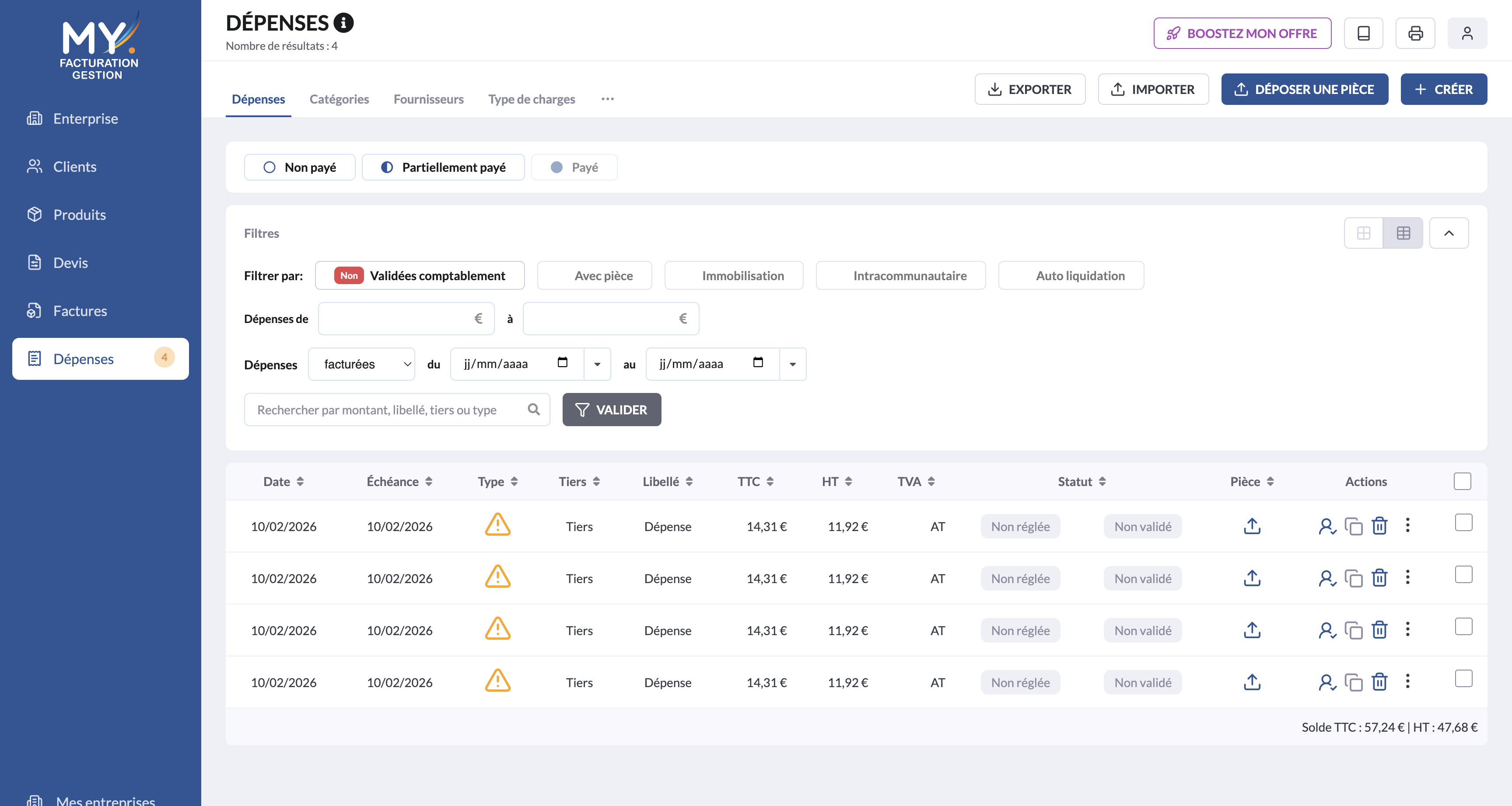 Module Dépenses — capture d’écran 1