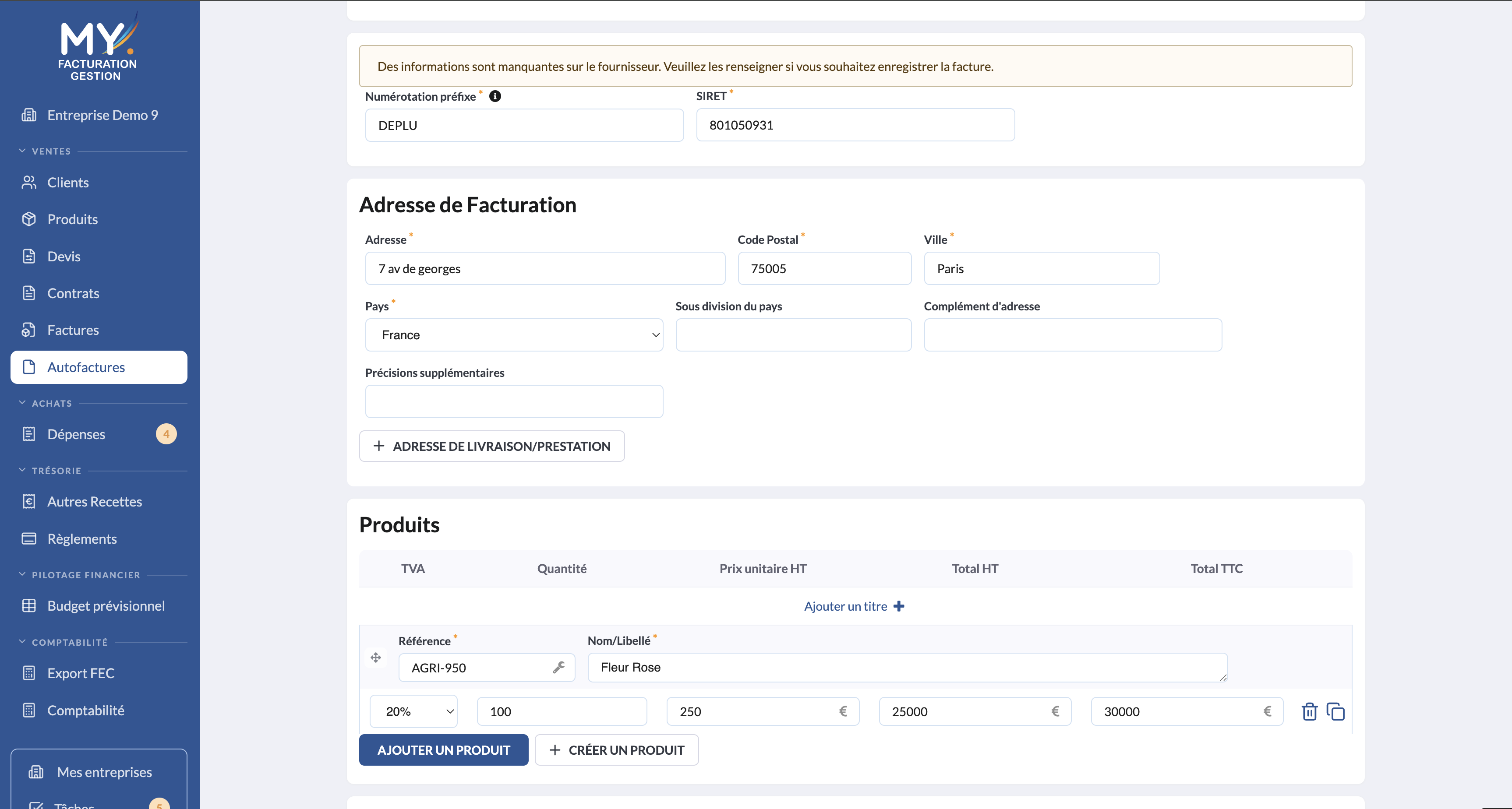 Module Autofactures - capture d ecran 1