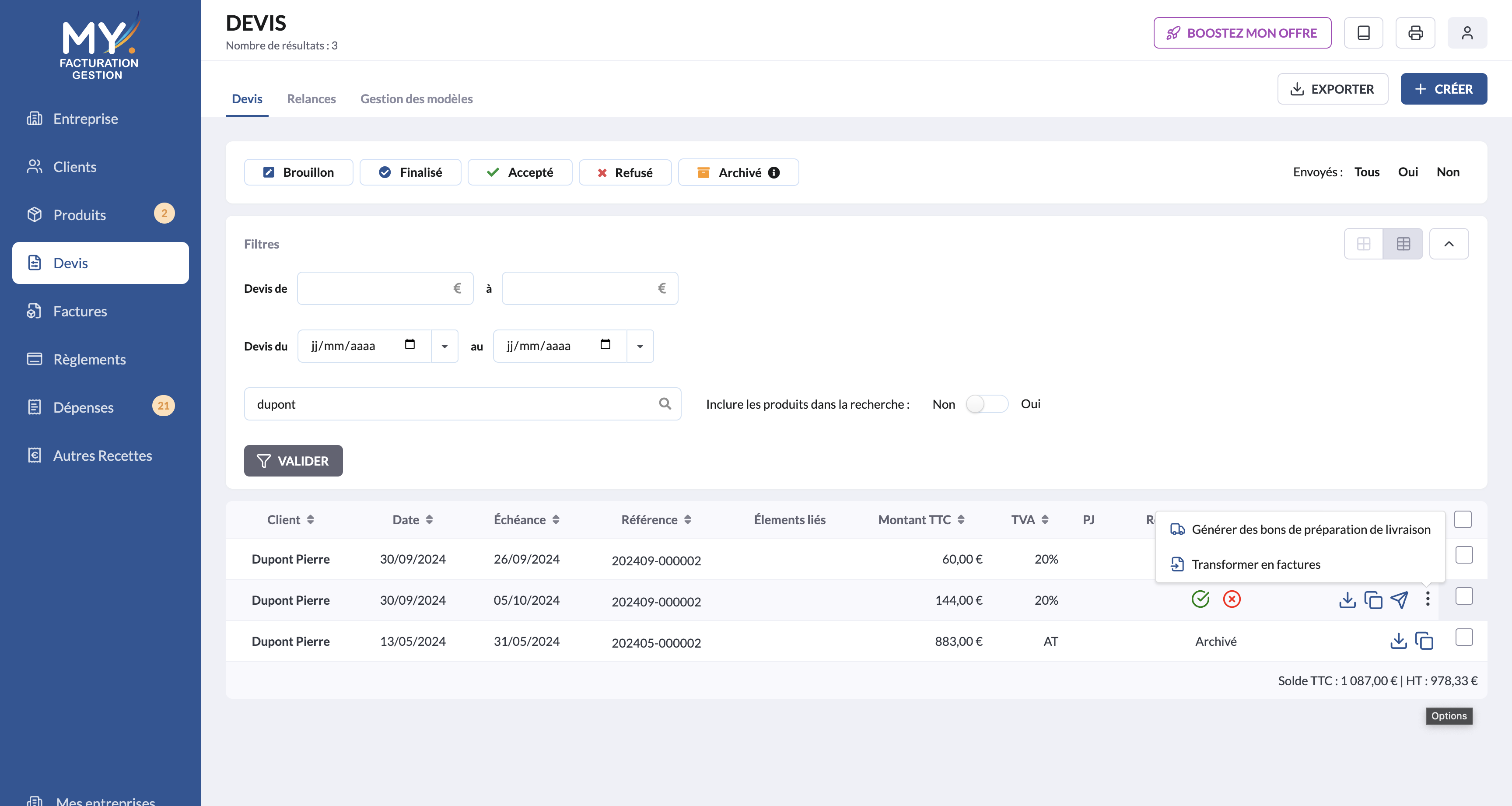 Module Actions simplifiées — capture d’écran 2
